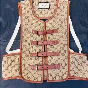 Gucci Beige Monogram Canvas Vest with Brown Leather Trim